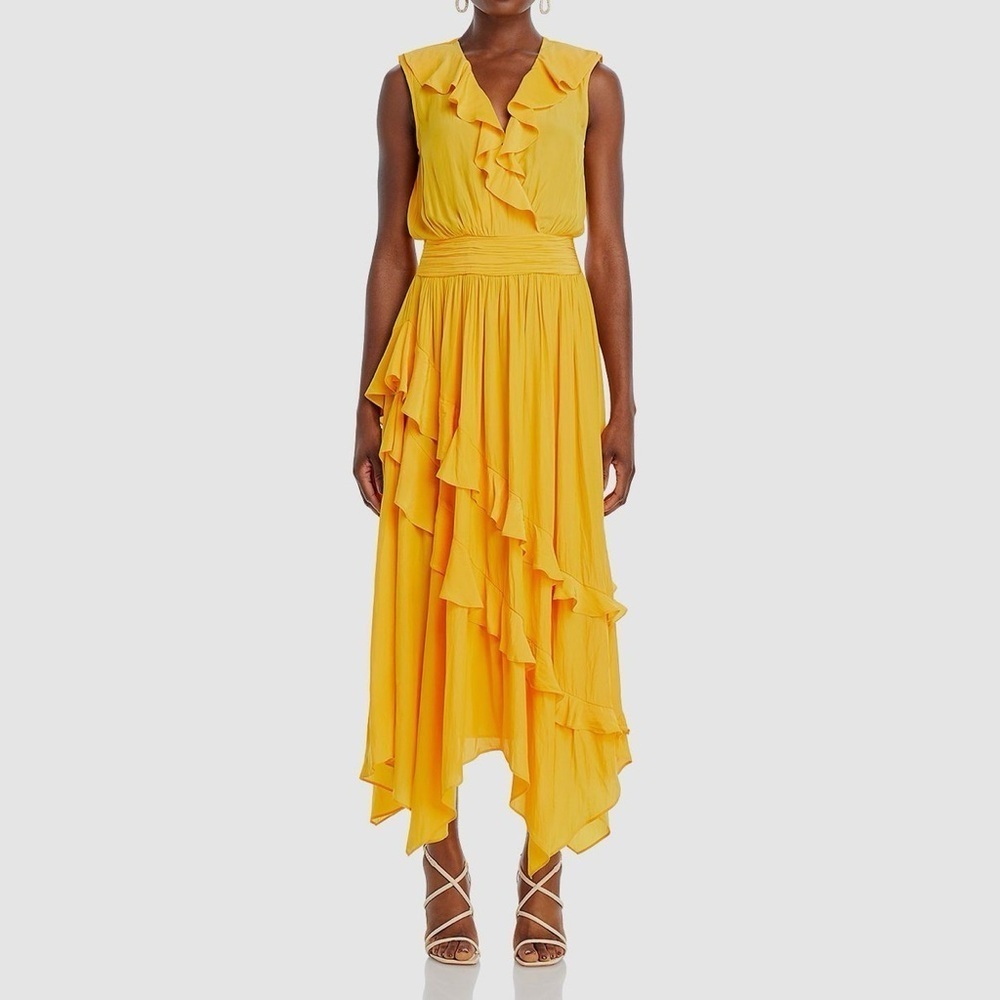 Ramy Brook Women's Yellow Ruffled V-Neck Sleeveless A-Line Dress Size XS B1133